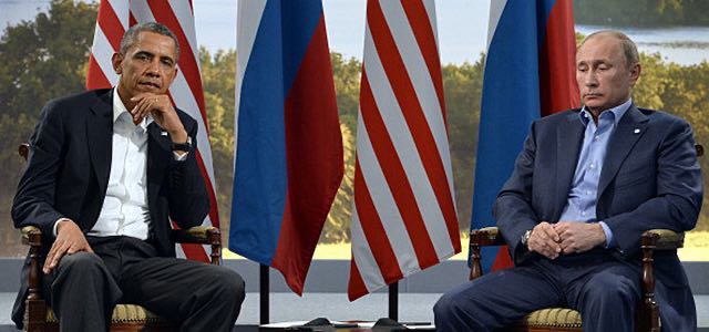 US President Barack Obama (L) holds a bilateral meeting with Russian President Vladimir Putin during the G8 summit at the Lough Erne resort near Enniskillen in Northern Ireland, on June 17, 2013. The conflict in Syria was set to dominate the G8 summit starting in Northern Ireland on Monday, with Western leaders upping pressure on Russia to back away from its support for President Bashar al-Assad.  AFP PHOTO / JEWEL SAMAD        (Photo credit should read JEWEL SAMAD/AFP/Getty Images)