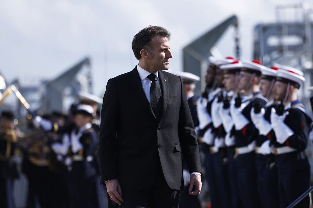 Emmanuel Macron during his visit to a French navy base in Brittany on March 2, 2026. Photo: Yoan Valat / ANP / AFP